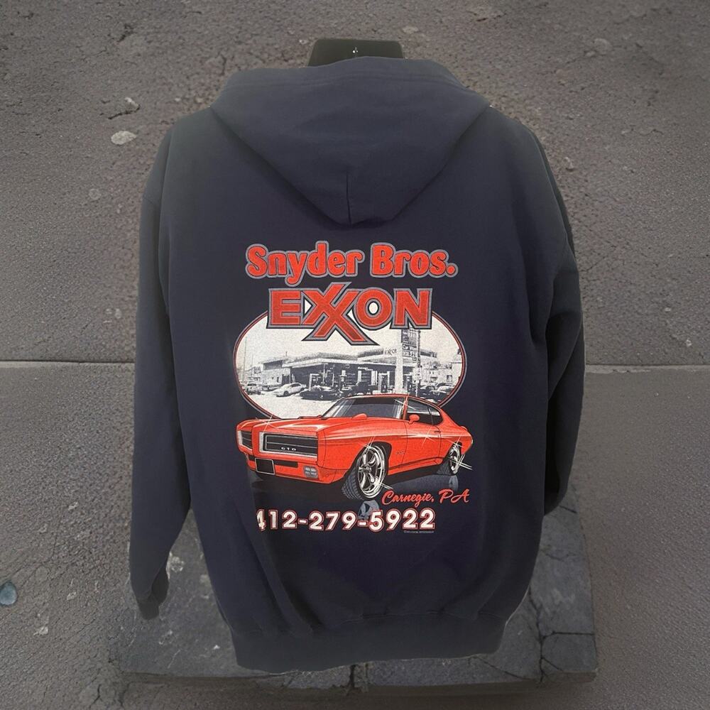 VTG Y2K Hoodie Zip Up Muscle Car Exxon men's Mechanic Racing Sweatshirt L